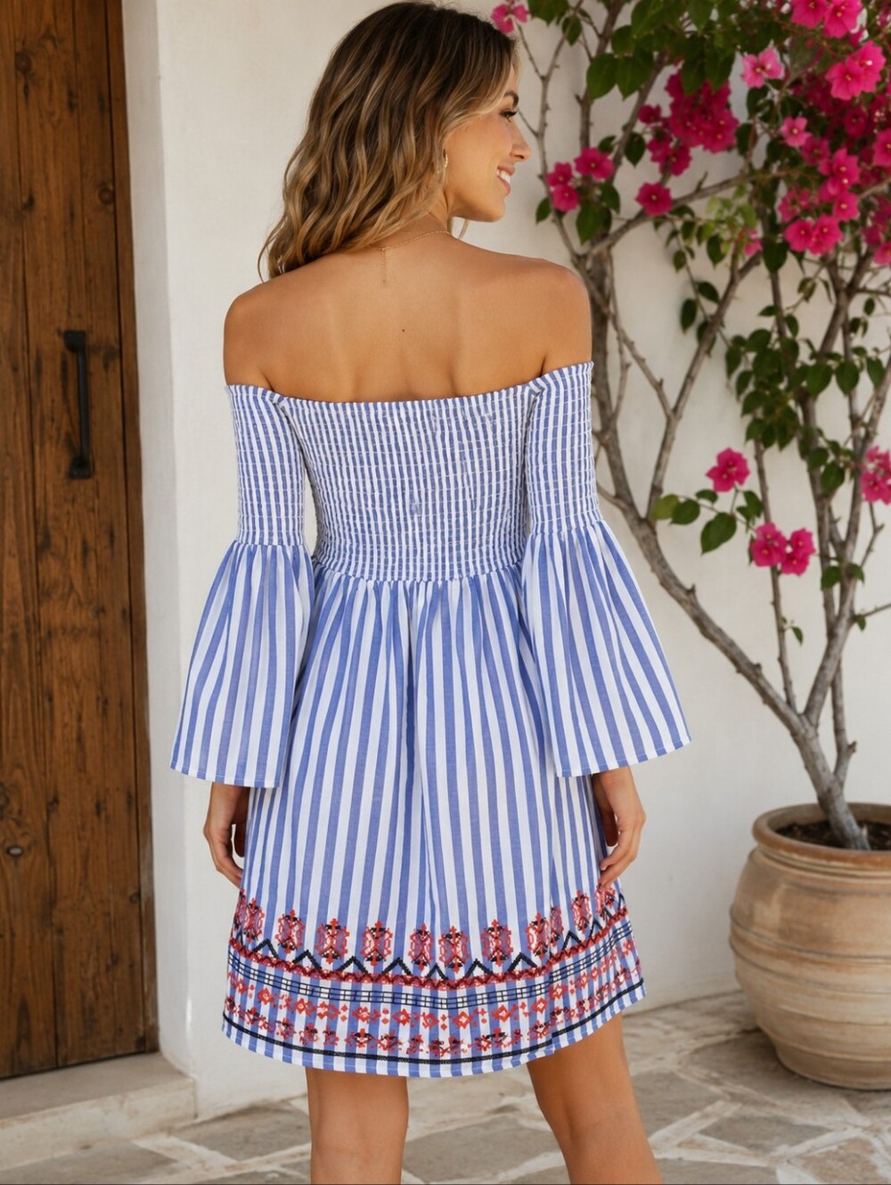 Braeve Coastal Boho Embroidered Cotton Mini Dress Bell Sleeve M - Picture 2 of 9